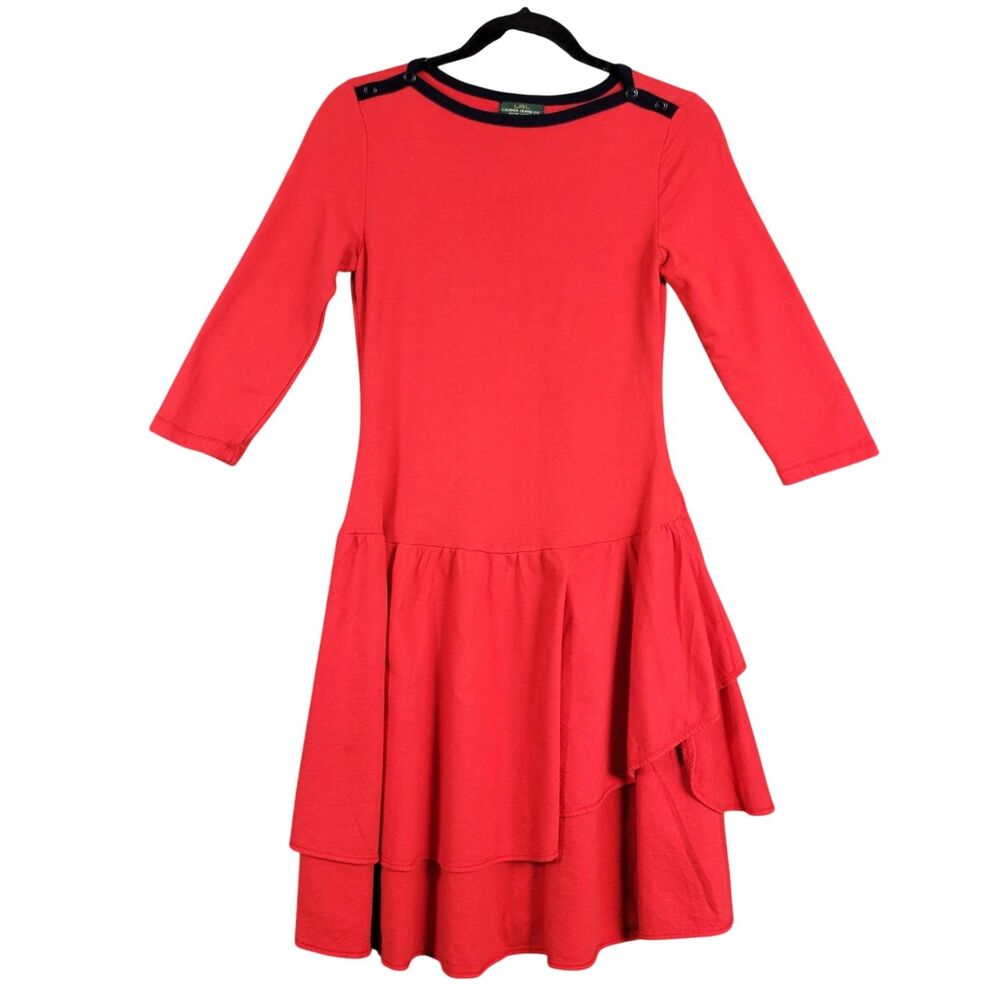 RALPH LAUREN Red Layered Drop Waist Knit Dress Nautical Preppy Americana SIZE XS